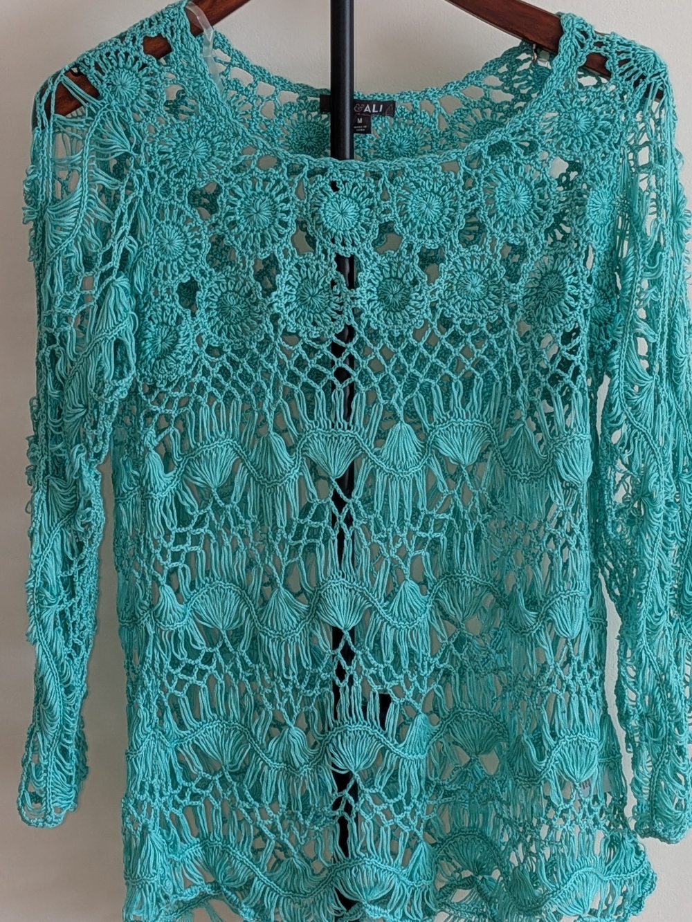 RoZ & ALI Turquoise Crochet Lace Open Knit Boho Top Size Medium